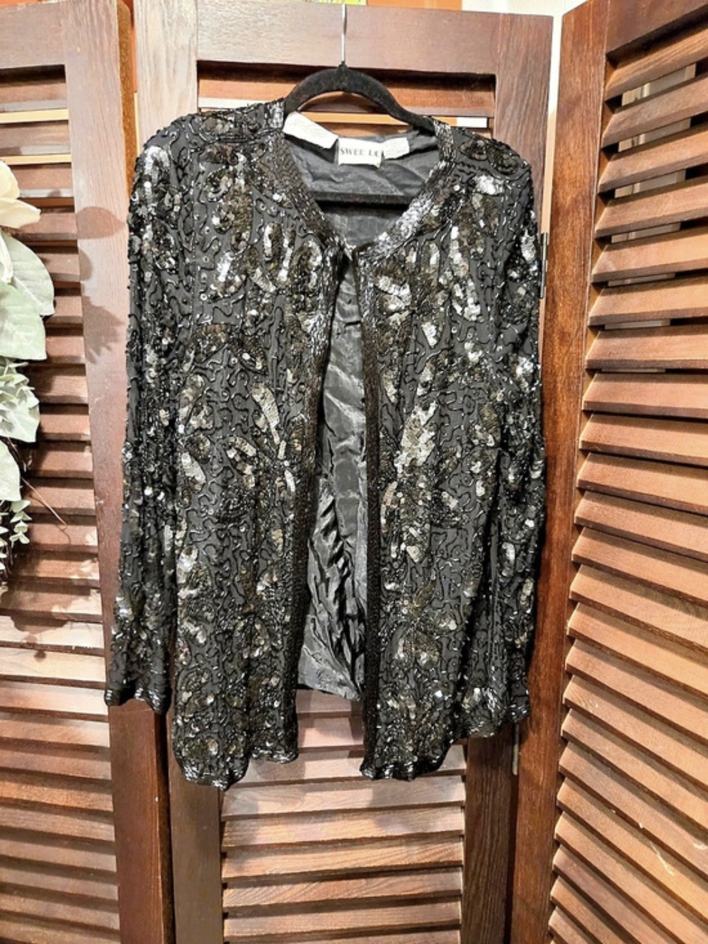 Vintage Silk Black Sequin Lace Blazer Size Medium Like New